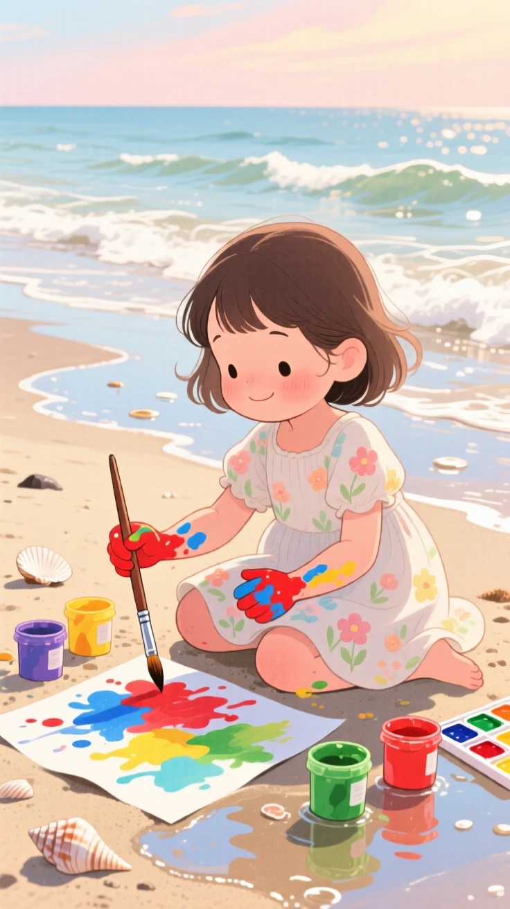 A little girl in a sundress painting with watercolors, hands covered in bright pigment, in a beach at low tide with gentle waves, radiating sweetness and gentle curiosity.