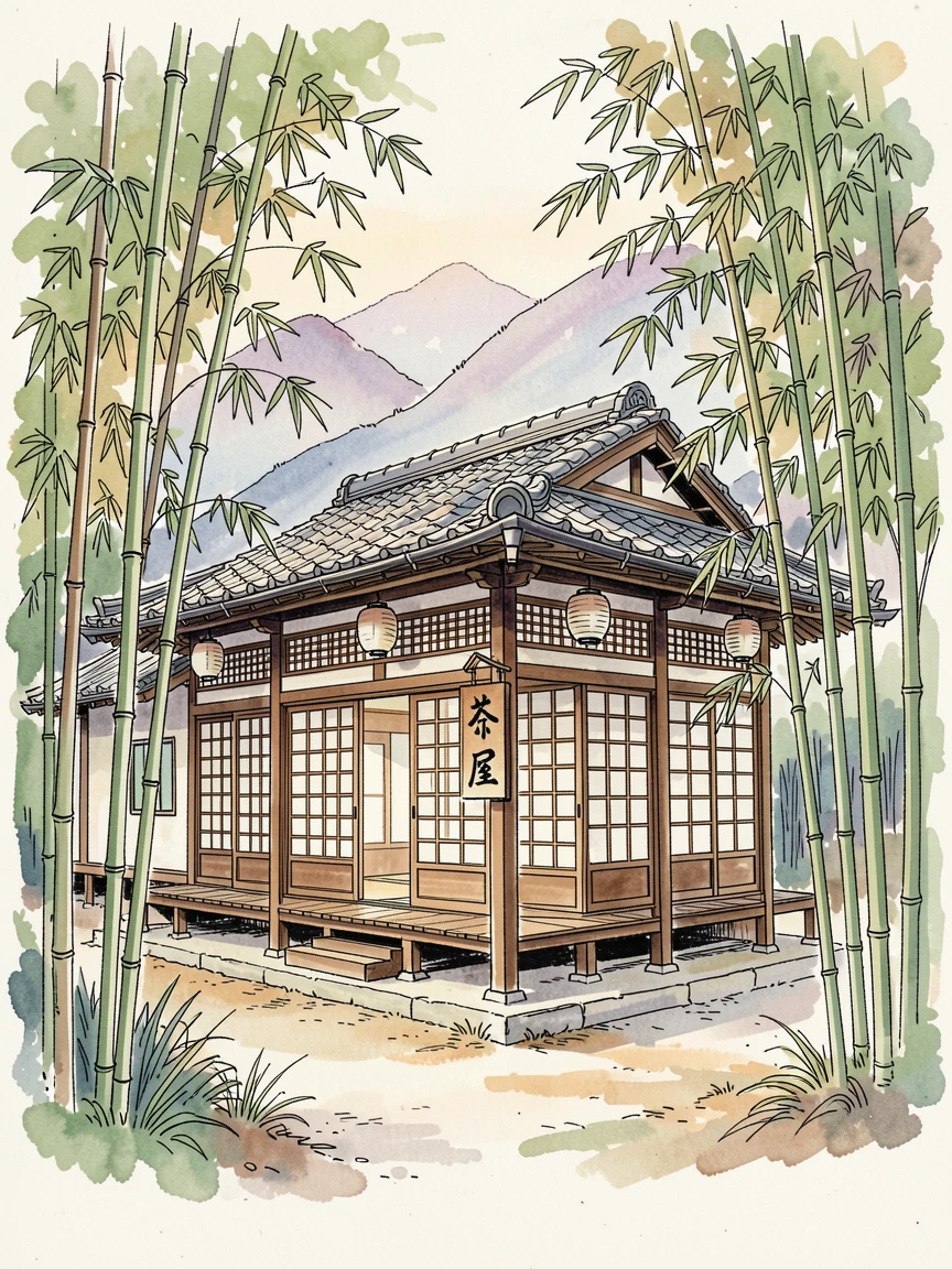 A traditional teahouse nestled among bamboo groves in the mountains, a gentle stillness settling over the historic setting.
