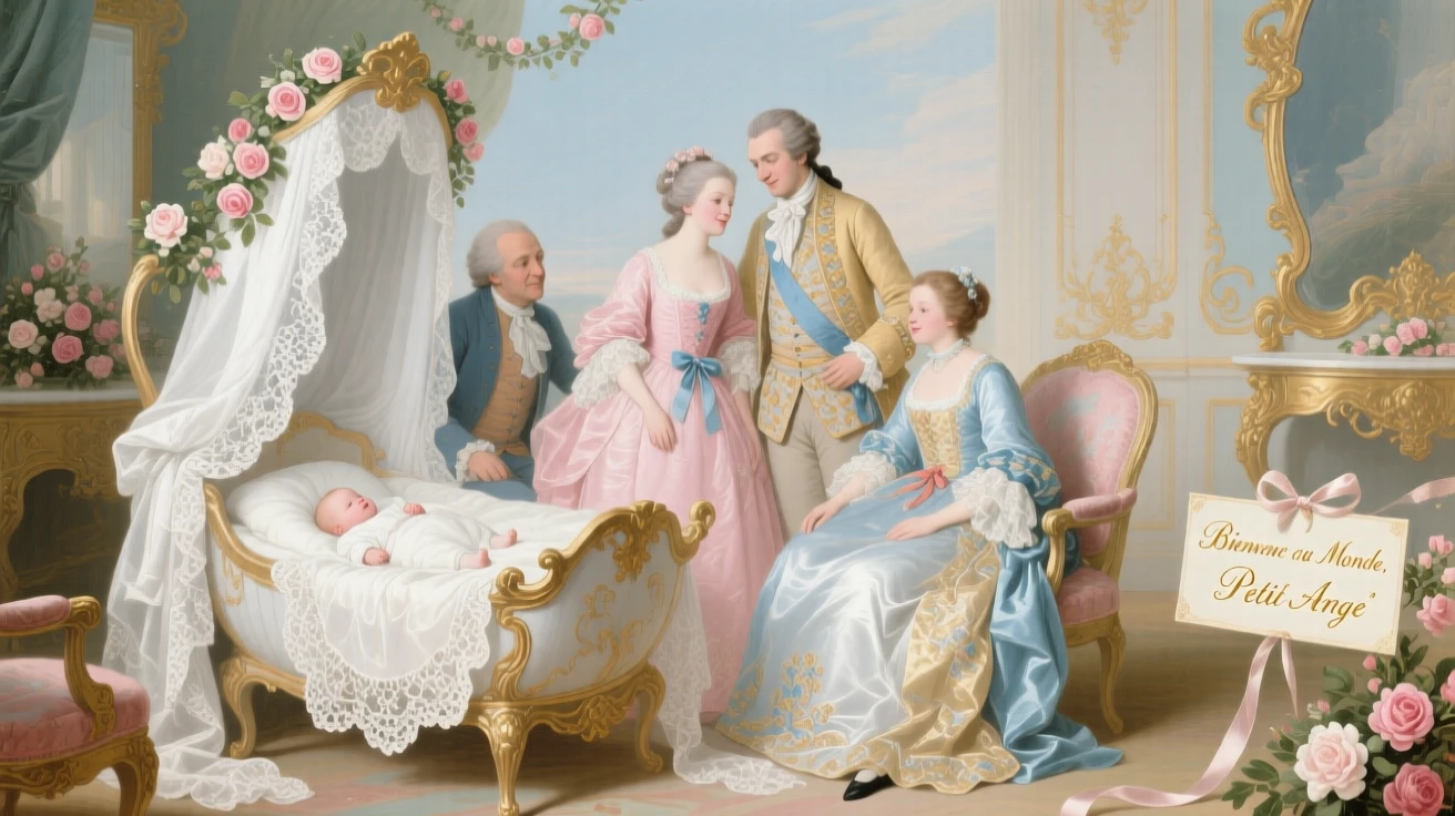 A family gathered around a new baby in a lace-lined cradle  