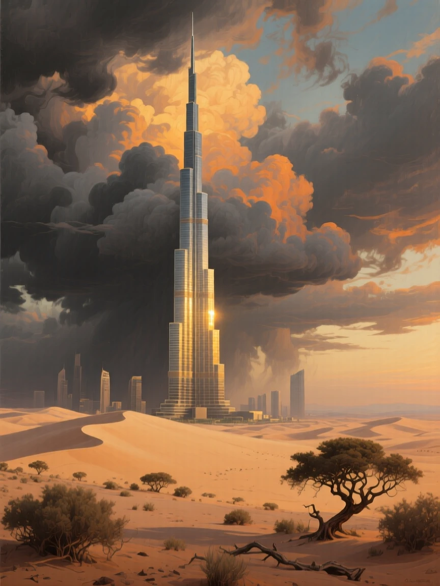 A dramatic view of the Burj Khalifa piercing through desert clouds, as a dramatic sky adds depth and atmosphere to the skyline, capturing the timeless beauty and character of a legendary destination