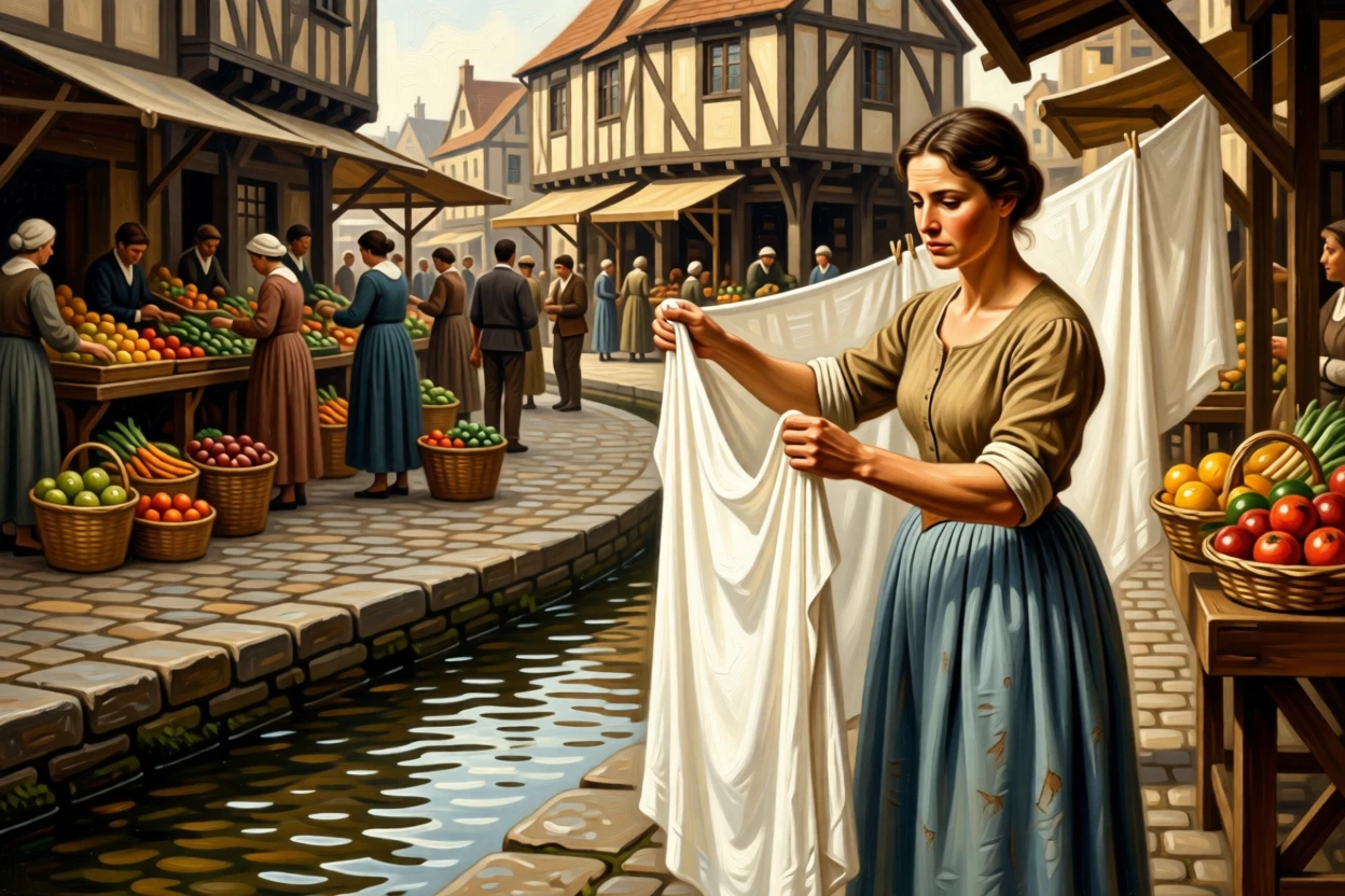 A washerwoman hanging linens to dry beside a rippling stream as ordinary labor takes on unexpected grace, set within a bustling market square filled with color and life, with worn hands, simple clothing, and the honest textures of daily labor; warm natural light elevates a humble scene into something timeless, radiating simple contentment and honest labor.