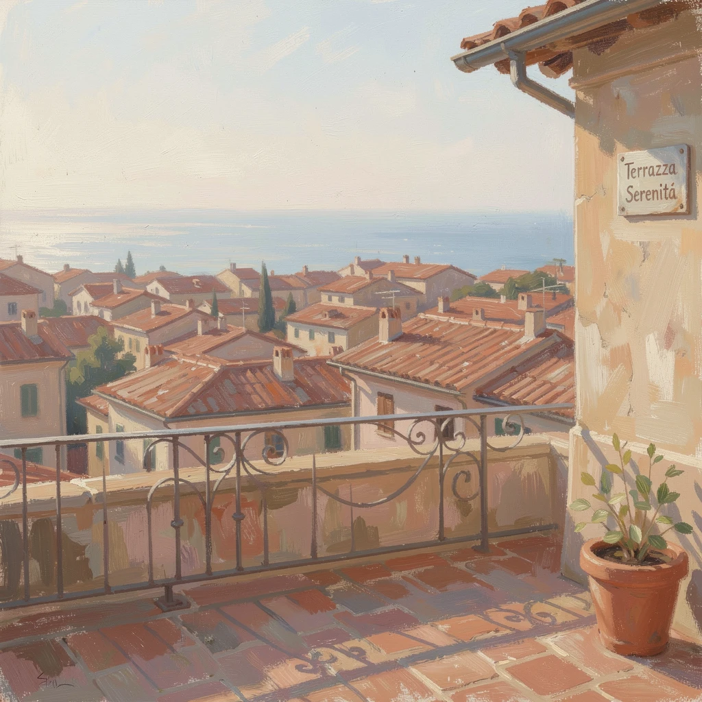 A sunlit rooftop terrace overlooking a sea of red-tiled roofs in a historic Mediterranean town, in the gentle hush of early morning.