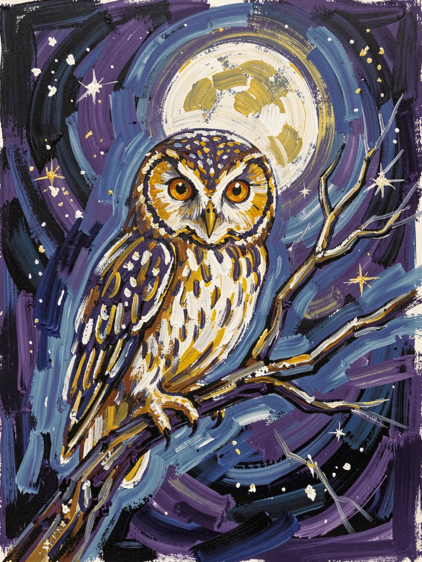 An owl perched silently on a moonlit branch, eyes wide and watchful.