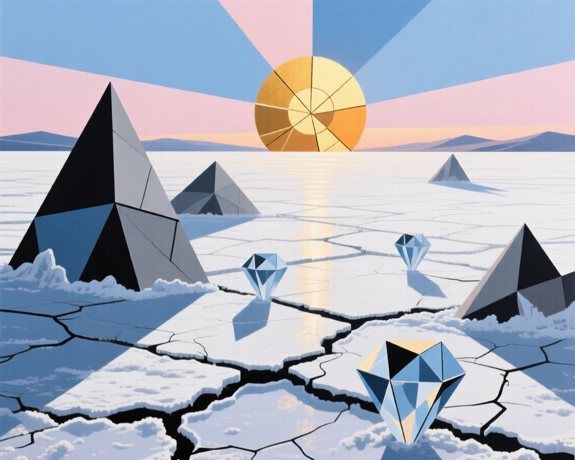 A panoramic view showing a sun-scorched salt flat at first light, in deep winter.