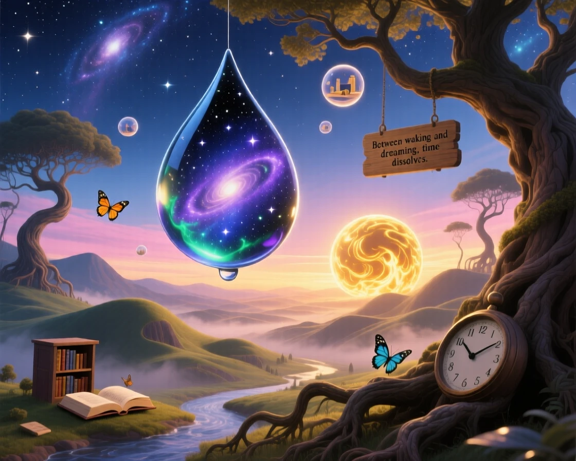 A starfield reflected perfectly in a single drop of dew hangs silently over a sleeping world below, as a soft golden light spills over distant sleeping hills.
