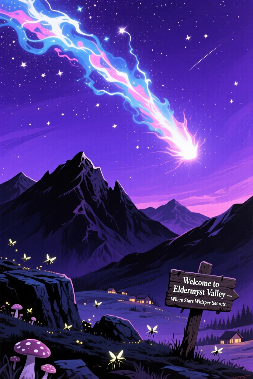 A comet streaks across a deep purple night sky, its glowing tail stretching for millions of miles above a silhouetted mountain range, the scale of the scene emphasized by tiny details that suggest an entire hidden world beyond the frame.