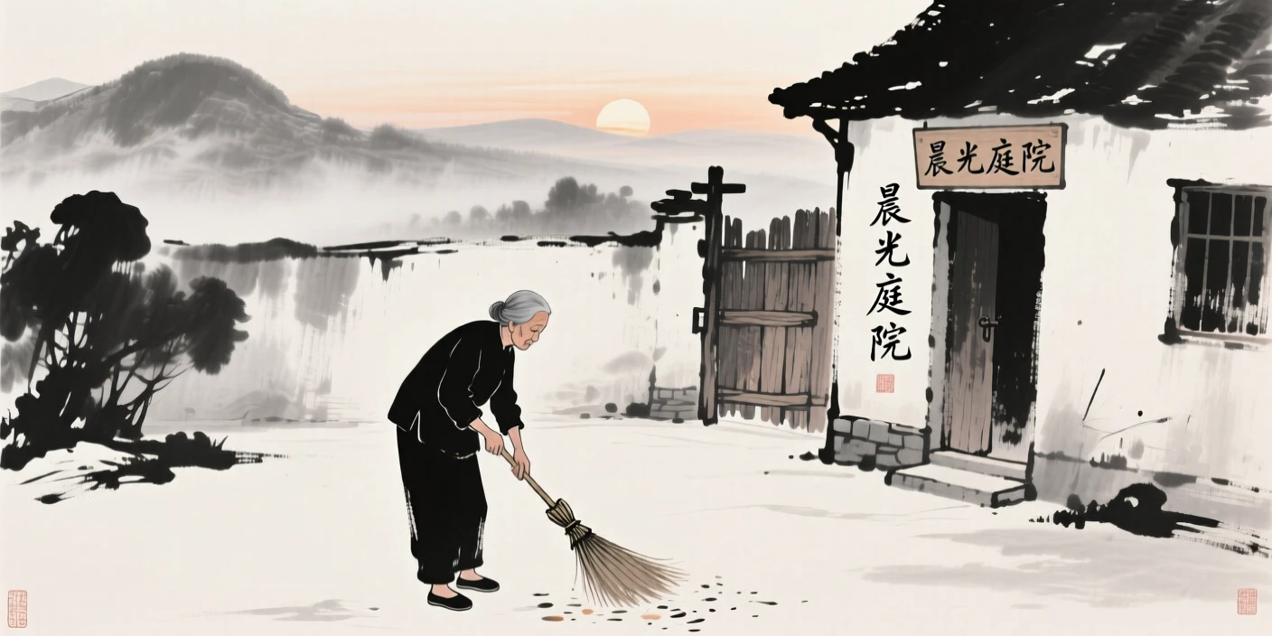 An old woman sweeps the courtyard in front of her home at dawn, with mist settling over the surrounding hills.