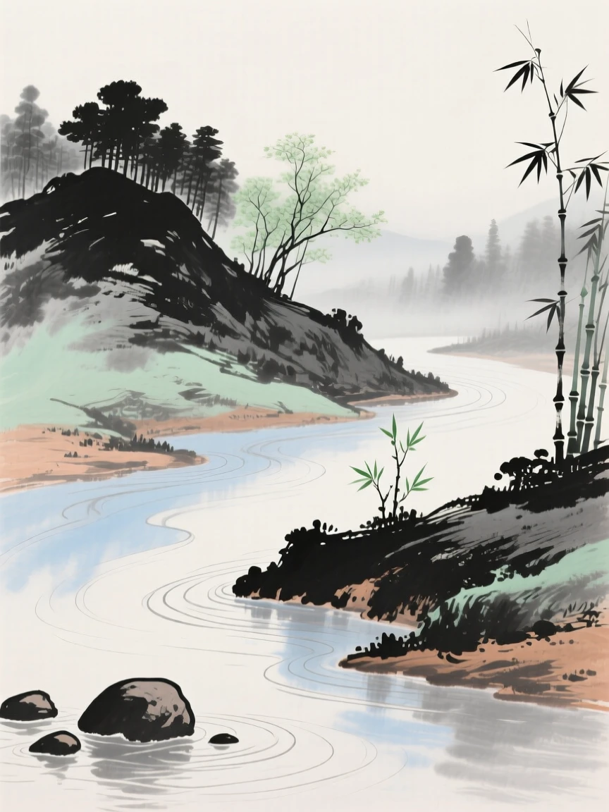 A quiet cove where a river bends around a wooded hill, where the current carves gentle ripples around smooth stones, through swirling morning fog, as new bamboo shoots break through the soil.