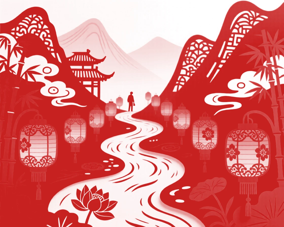 A hidden valley where every stream is lined with lanterns that light themselves at the traveler's approach