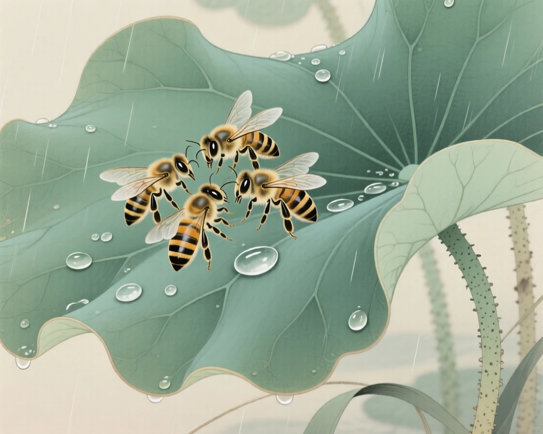 A cluster of honeybees on a lotus leaf after summer rain