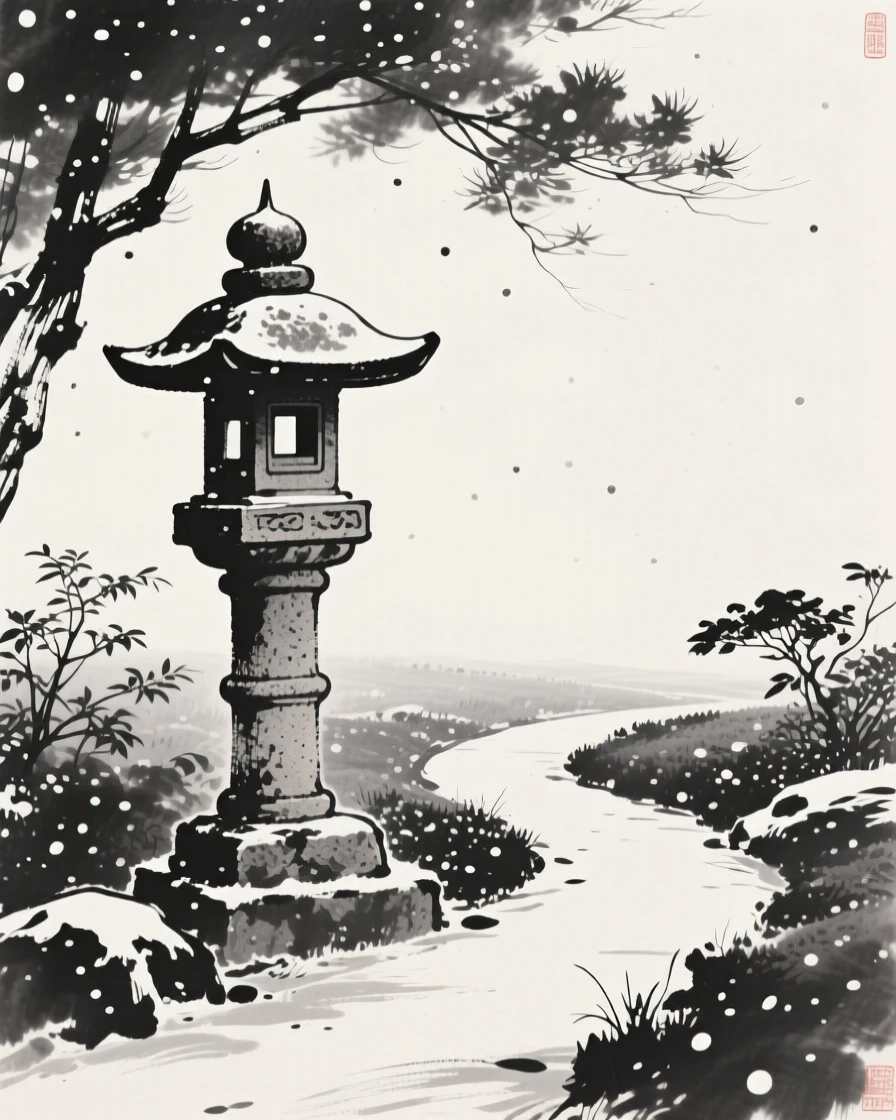 A stone lantern along a garden path beneath a canopy of falling snow, viewed from below to emphasize its quiet grandeur, evoking centuries of quiet history and devotion.