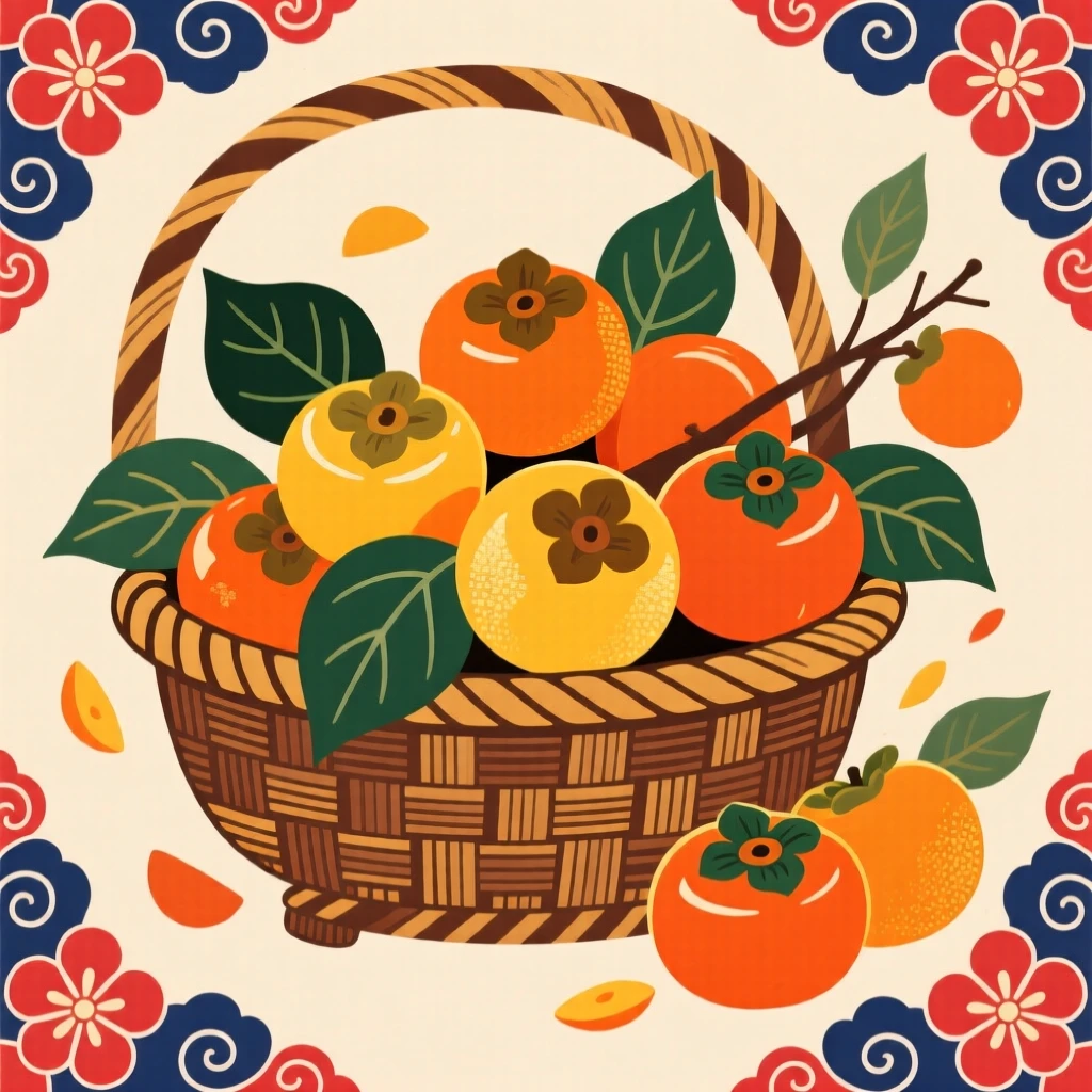 A basket overflowing with golden persimmons, representing abundance and good fortune.