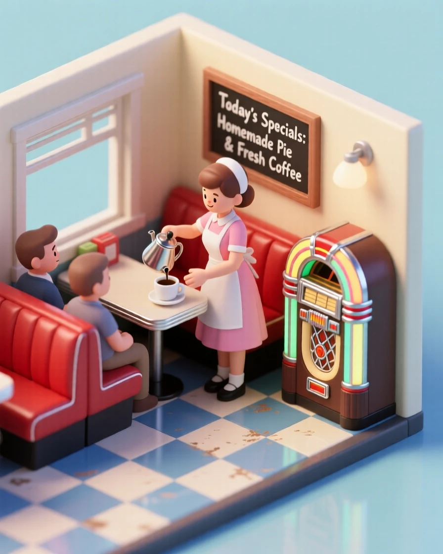 A cozy small-town diner with red vinyl booths, a jukebox in the corner, and a waitress pouring coffee for regulars.