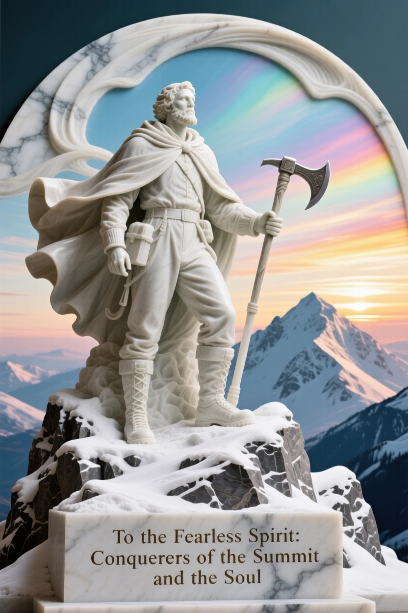 A vivid, emotionally rich scene of a fearless explorer atop a snowy peak, under a brilliant, colorful sky, designed to captivate and inspire