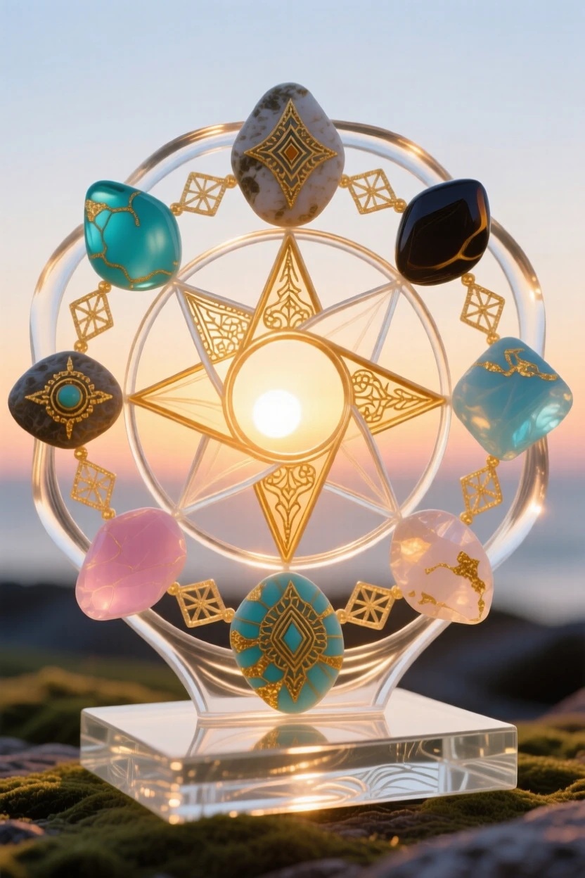 A Native American medicine wheel arranged with sacred stones at dawn, spiritual and balanced.