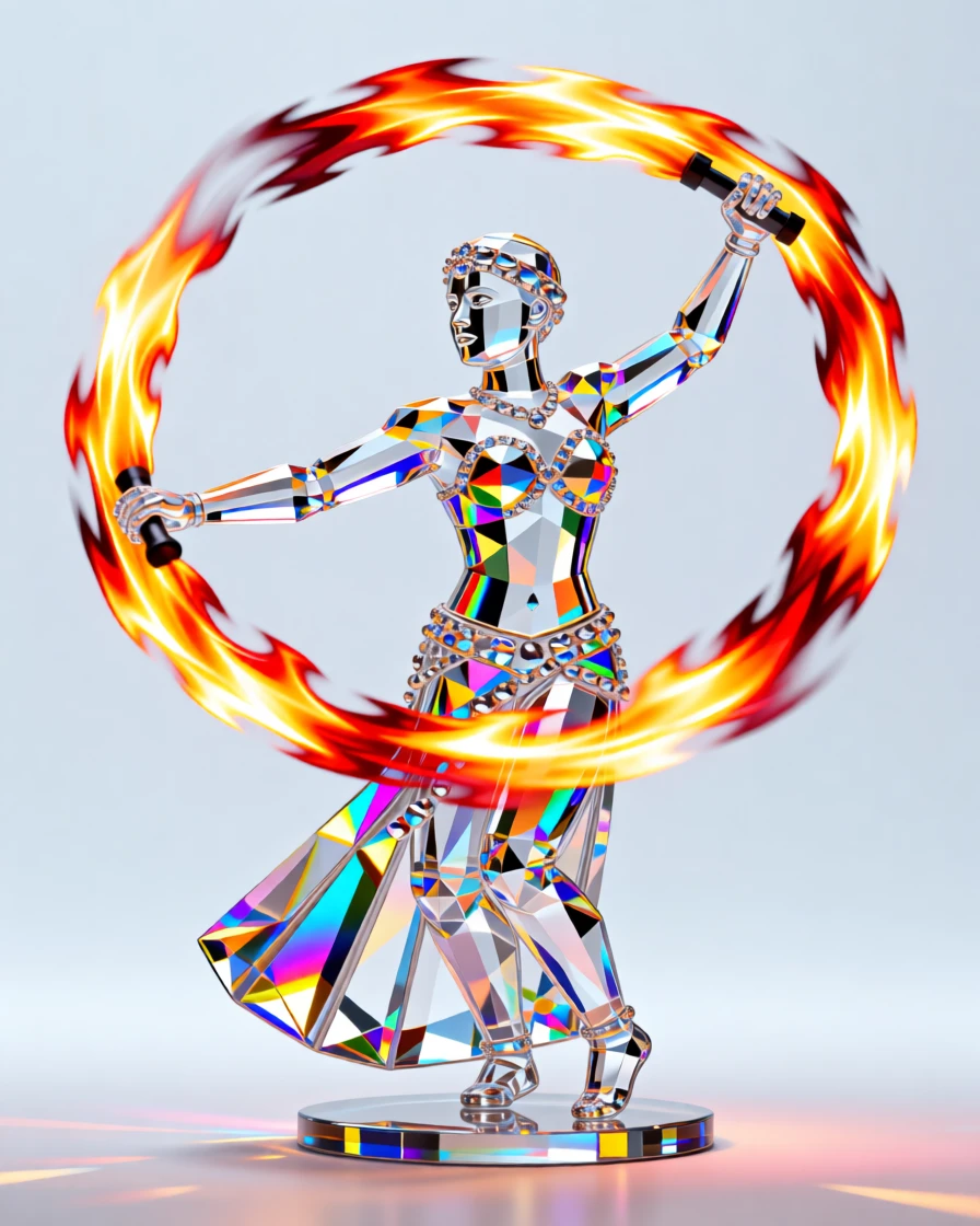 A vibrant Polynesian fire dancer performing with spinning flaming batons at night.