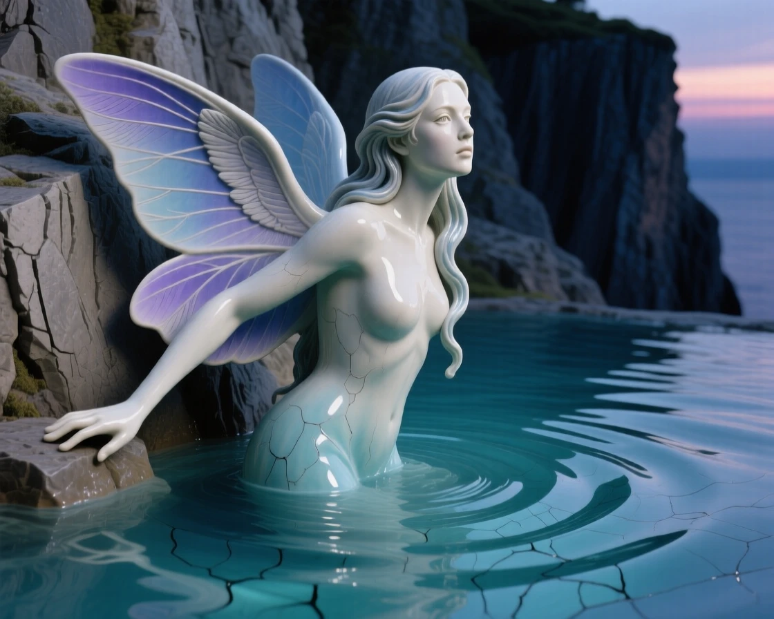 A water nymph rising from a rippling pool perched watchfully at the edge of a cliff, its wings catching the last light of dusk, filling the scene with mysterious, otherworldly beauty.
