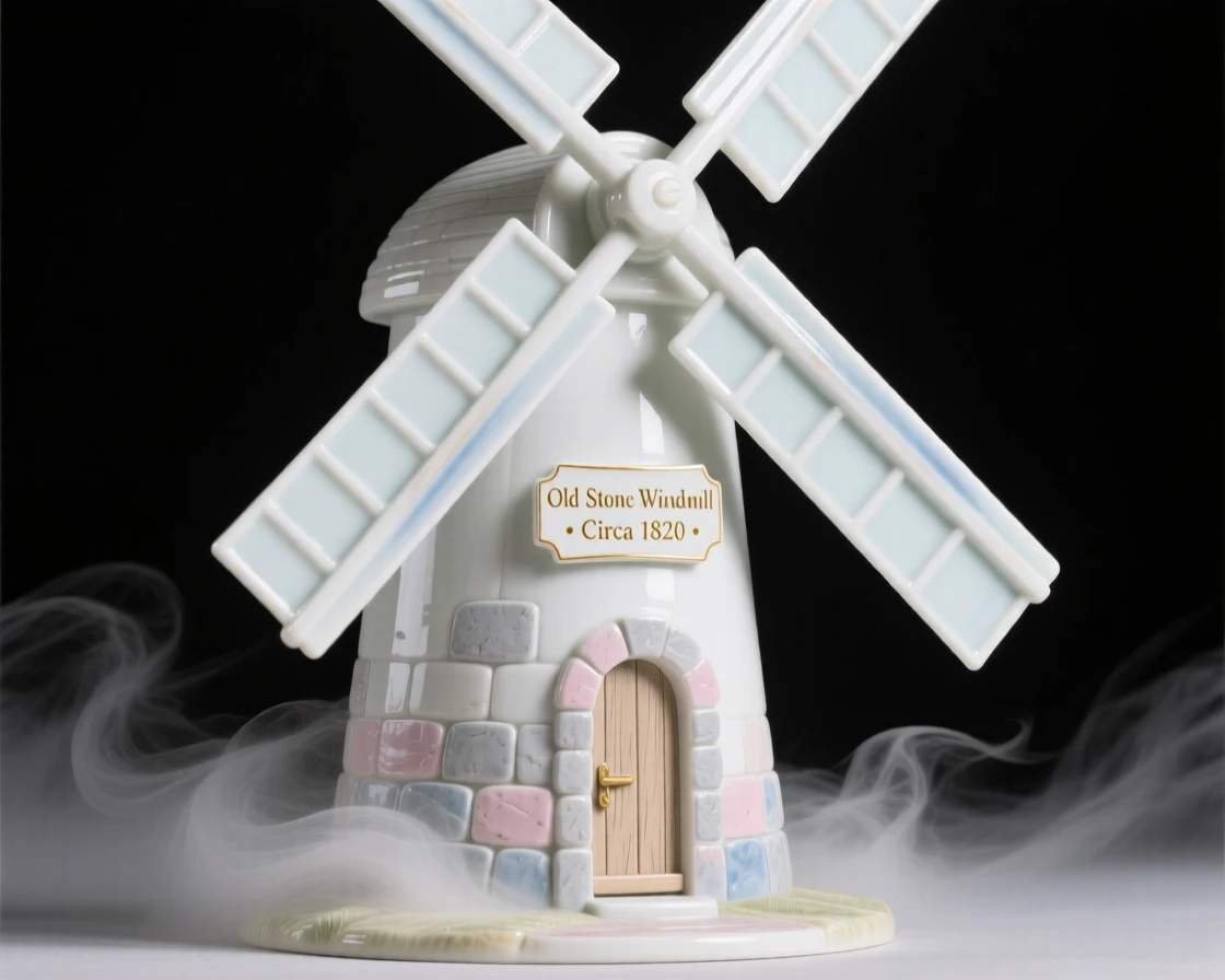 A grand view of an old stone windmill, wrapped in soft morning mist.