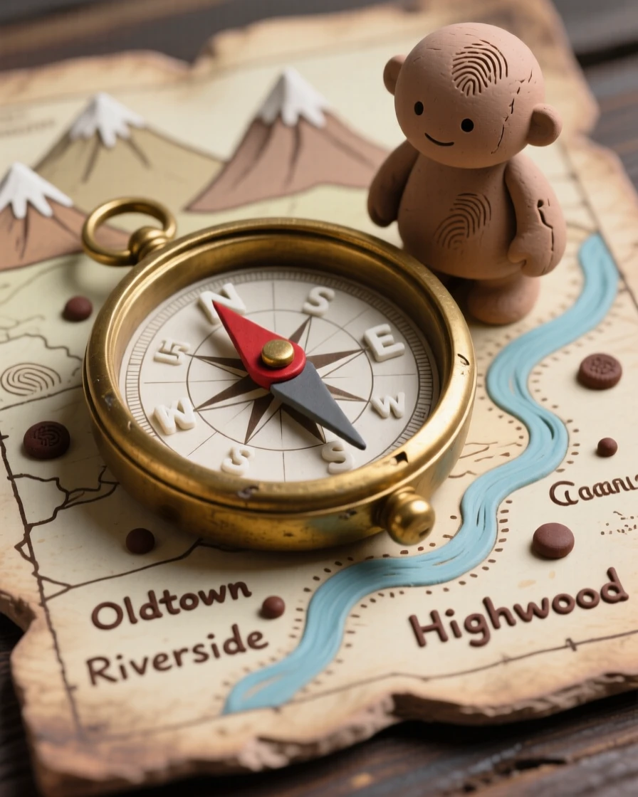 An old brass compass resting on a weathered map