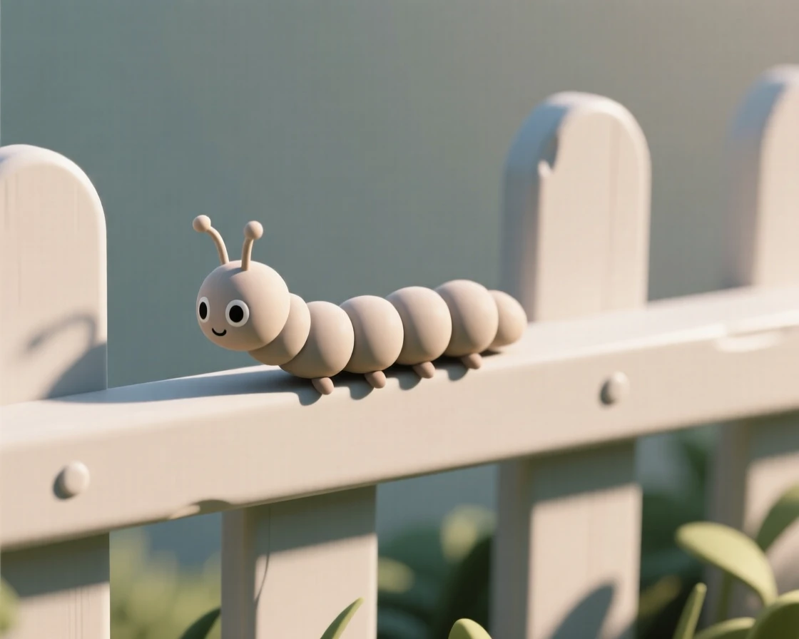 A tiny inchworm measures its way slowly along a garden fence rail in dappled afternoon sunlight.