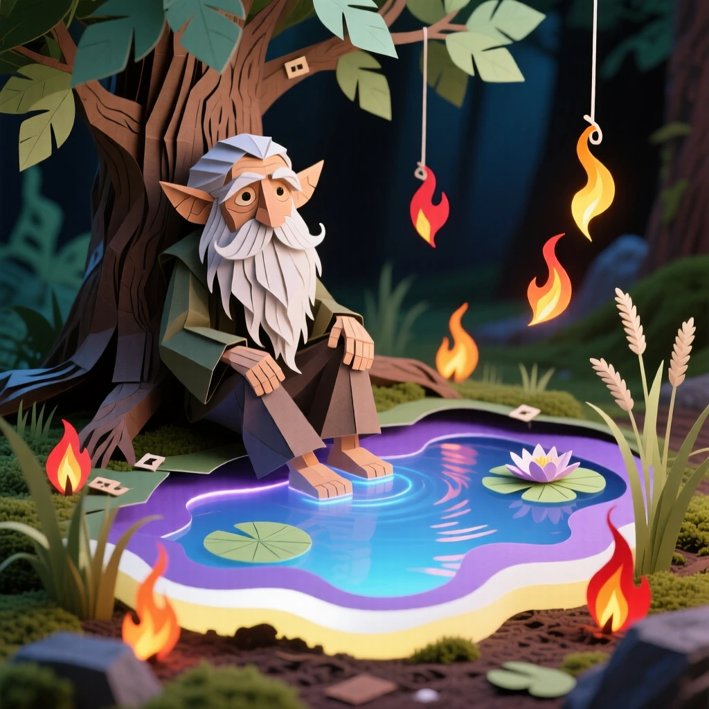 A wise old tree ent resting beside a glowing mystical lake, with embers drifting through the air, capturing epic scale and wonder.