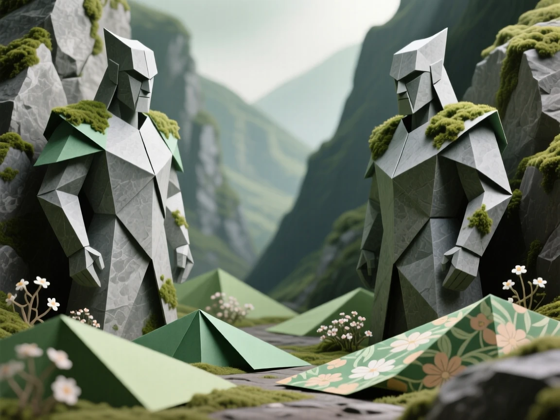 A hidden valley protected by towering stone guardians covered in soft moss and lichen.