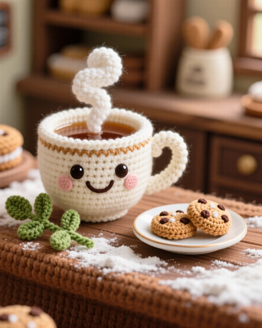 a smiling teacup of tea character, with steam curling gently upward, resting beside a small saucer of cookies, displayed in a cozy village bakery counter dusted with flour, with a sprig of fresh herbs as garnish, radiating a cozy sense of shared treats.