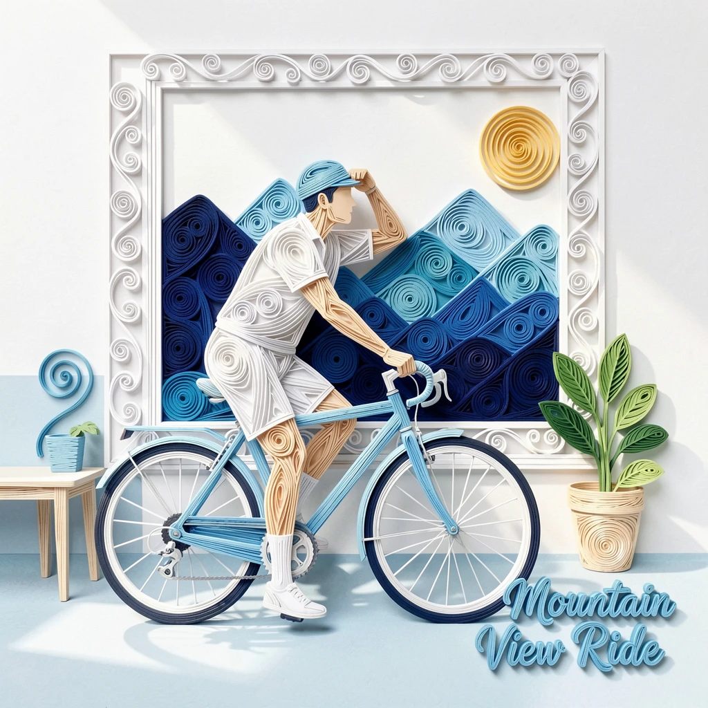 a cyclist pausing to admire a mountain vista, in a sunlit studio apartment, composed with a fresh, airy, minimalist aesthetic, in bright, clean tones of blue and white.