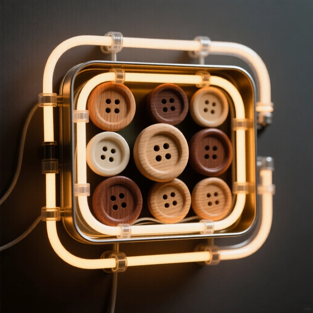 A collection of hand-carved wooden buttons in a small tin box.