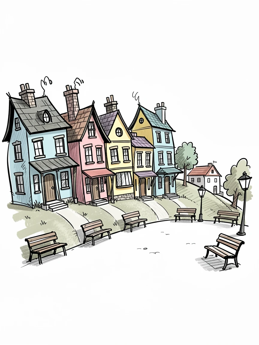 A row of pastel-colored houses on a hillside beside a quiet village square.
