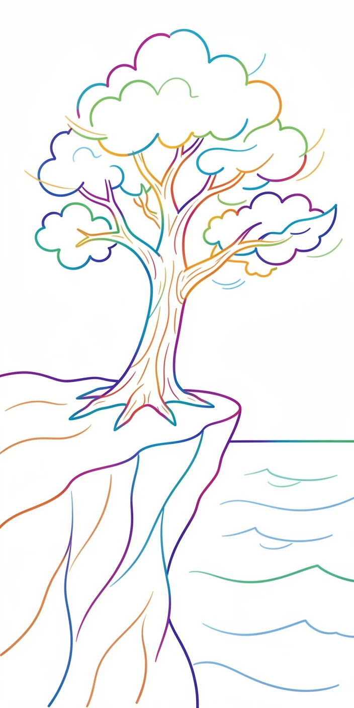 A single tree standing resilient on a windswept cliff overlooking the sea.