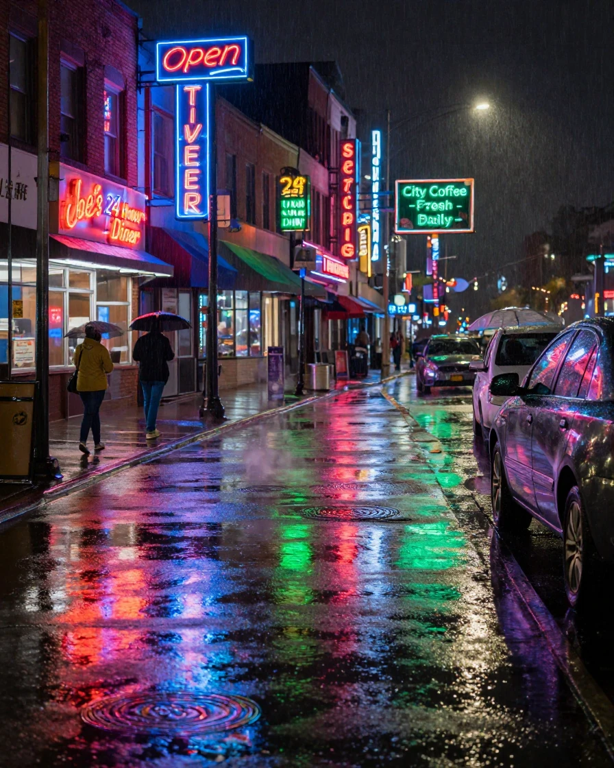 A rainy city street reflecting neon signs at night