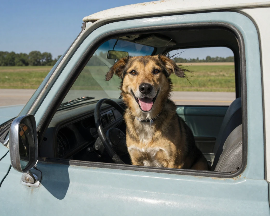 A dog sits proudly in the passenger seat of an old pickup truck, ears blowing in the wind.