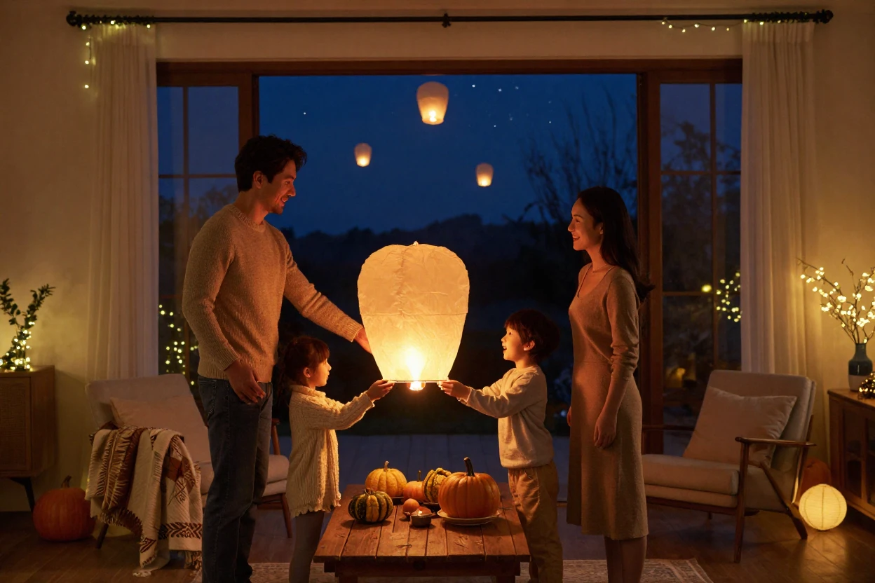 A family releasing floating lanterns into the night sky inside a home decorated for the season