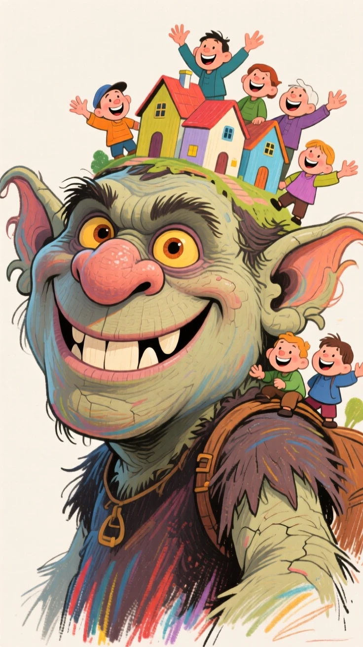 A giant friendly troll carrying a tiny village on its shoulder, villagers waving cheerfully.