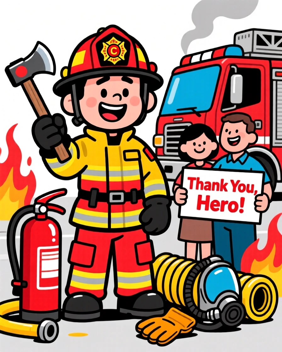 A vibrant profession-themed portrait of a dedicated firefighter surrounded by the tools and gear of the trade, with a satisfied customer nearby.