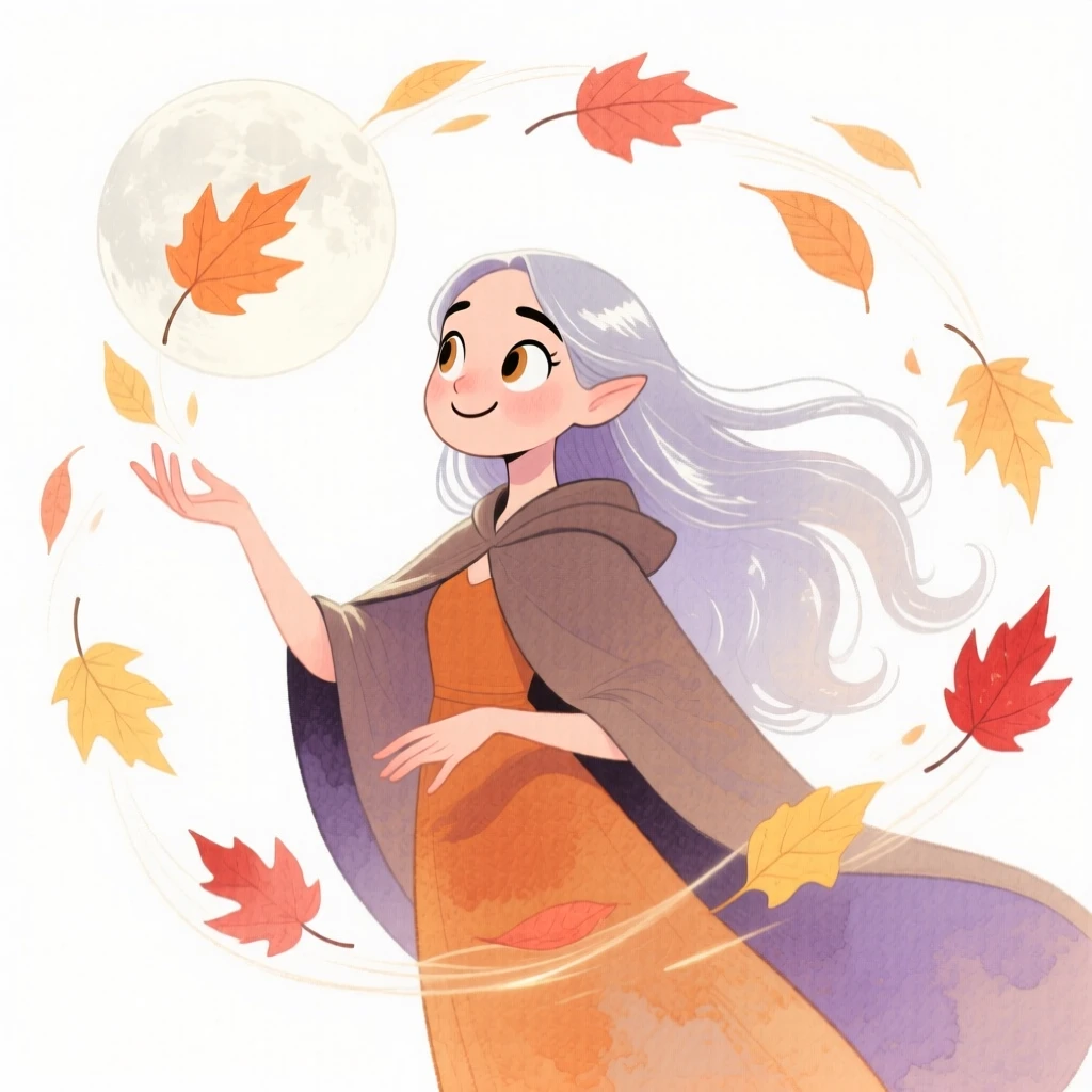 A moonlit sorceress commanding a swirl of autumn leaves like magic