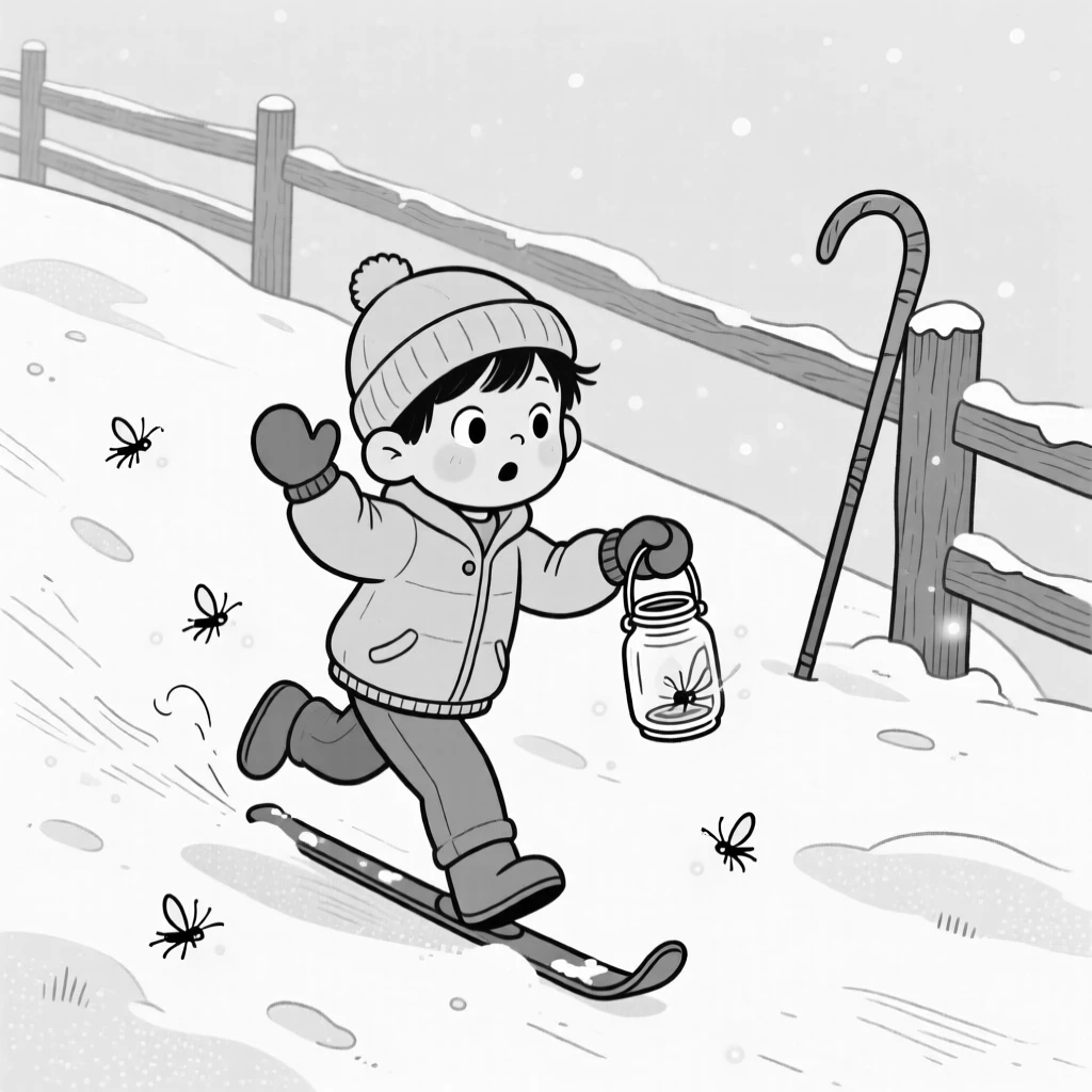 A child chasing fireflies with a mason jar, tiptoeing backward with hands raised defensively, set on a gentle, snow-dusted ski slope. A lone shepherd's crook leans against a fence post. It radiates the down-to-earth charm of life outdoors.