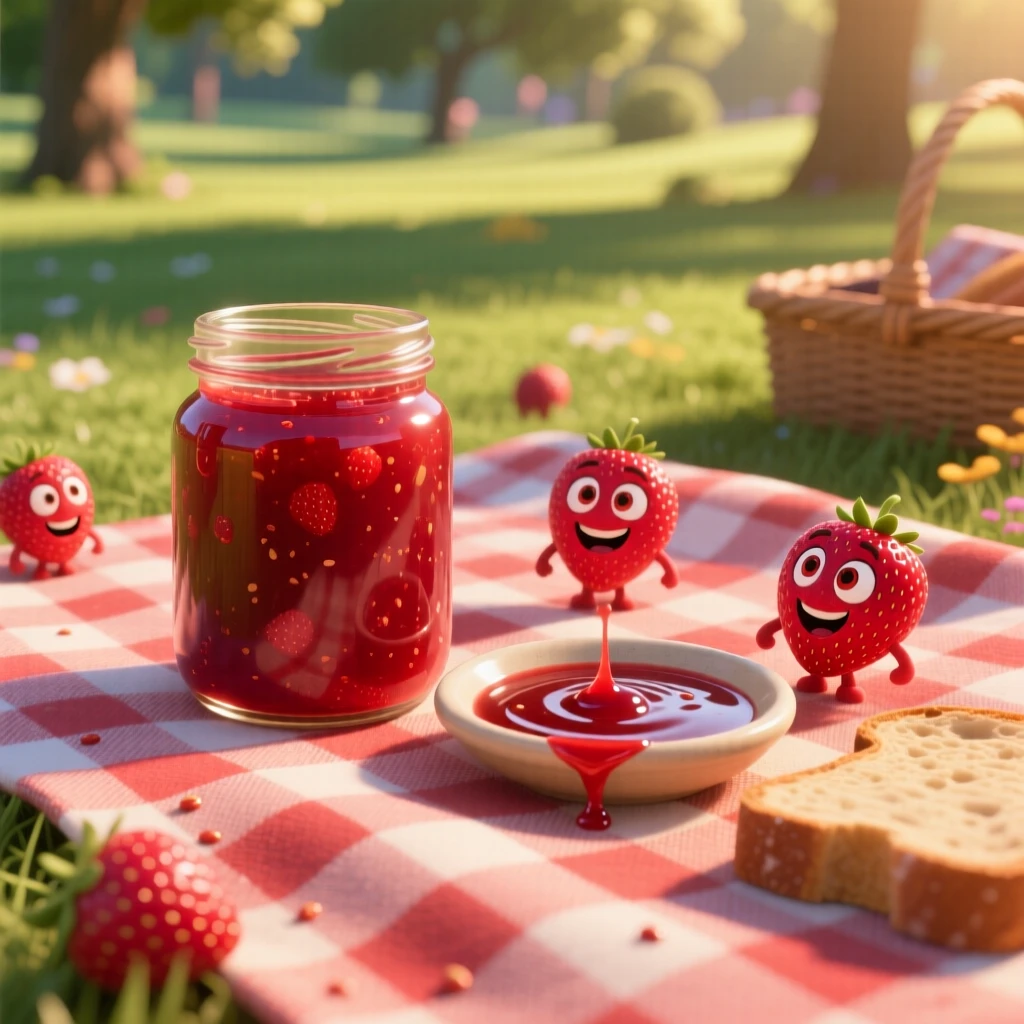 A jar of homemade strawberry jam sits on a checkered picnic blanket in a park, beside a small dish of dipping sauce. A cheerful, mouthwatering warmth surrounds the dish.