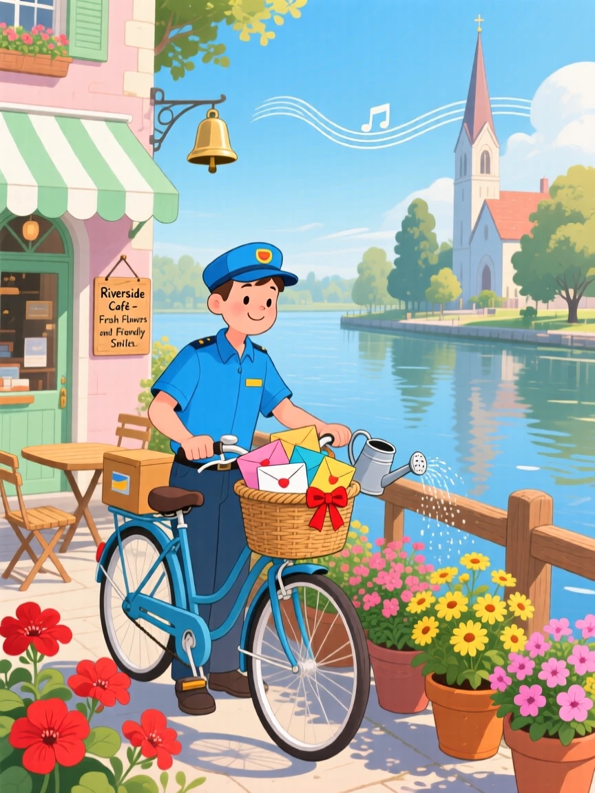 A mail carrier with a bicycle basket full of letters spends the morning watering a row of potted flowers in a riverside café, as the church bell rings in the distance.