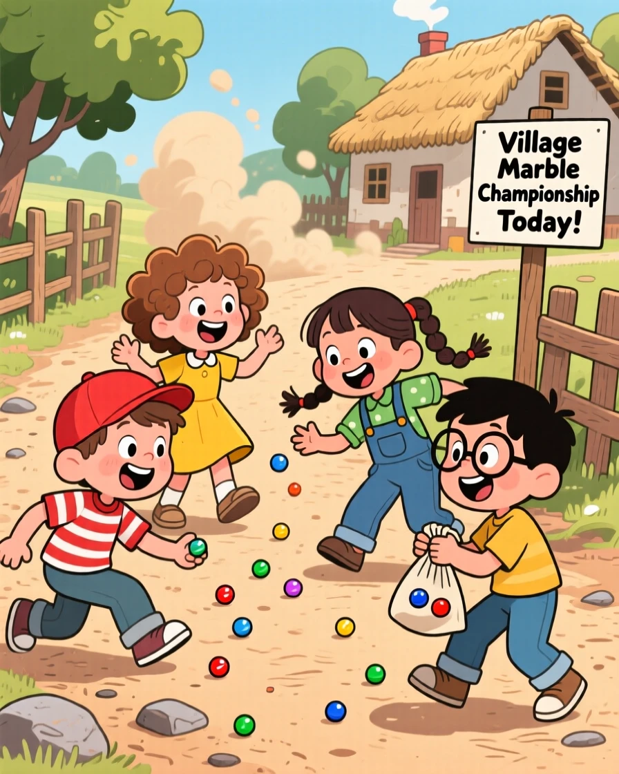 A group of children playing marbles on a dusty village path.