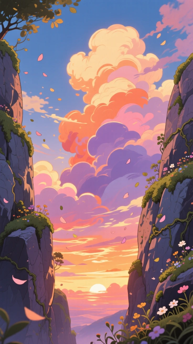 A stunning view of a sky filled with dramatic layered clouds at sunset, framed between two rocky outcrops.