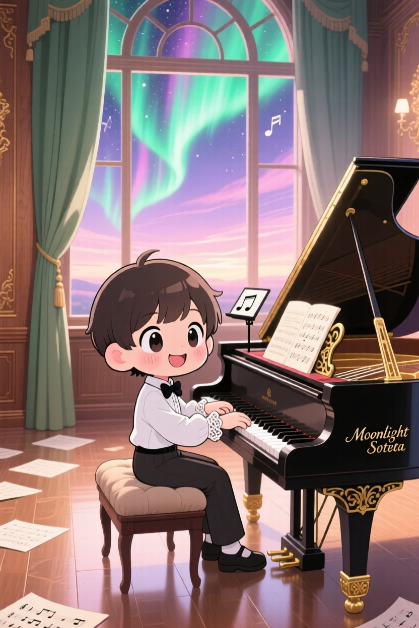 In an elegant music room, a young pianist is playing a grand piano with a joyful smile beneath swirling aurora-lit skies, bathed in soft pastel light of dawn, expression full of quiet contentment. Shot as a medium shot.