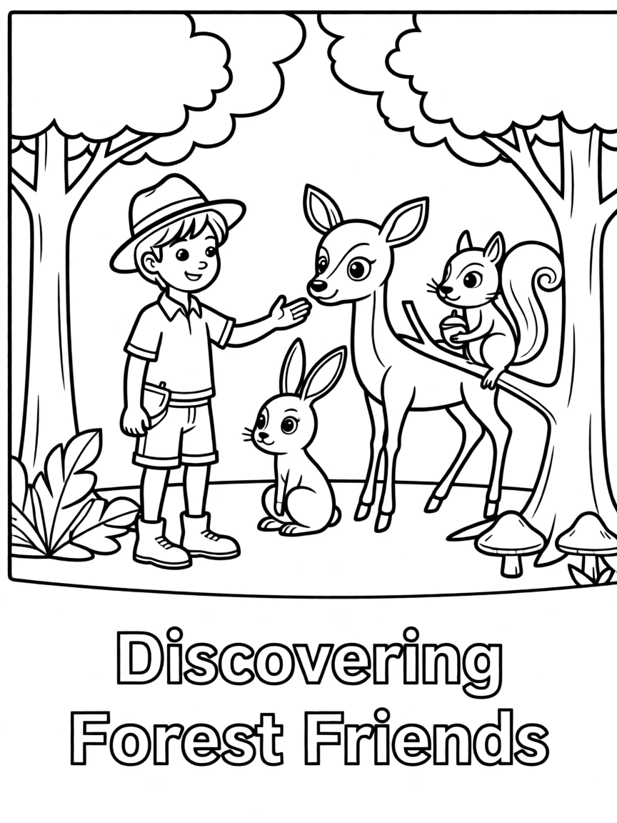 An explorer discovering a friendly family of forest animals