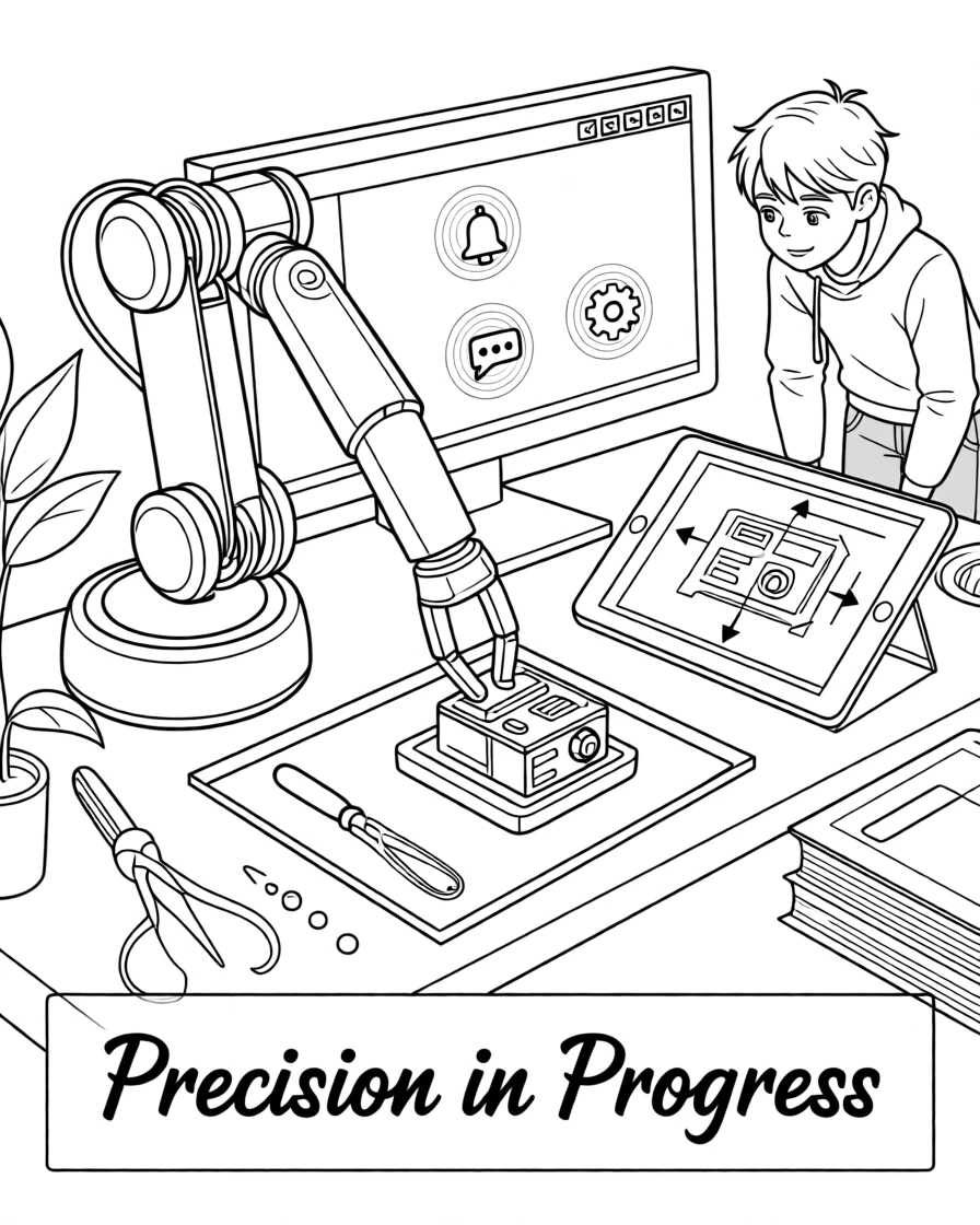 A robot arm assembling a small mechanical device, with notification icons subtly glowing on the screen.