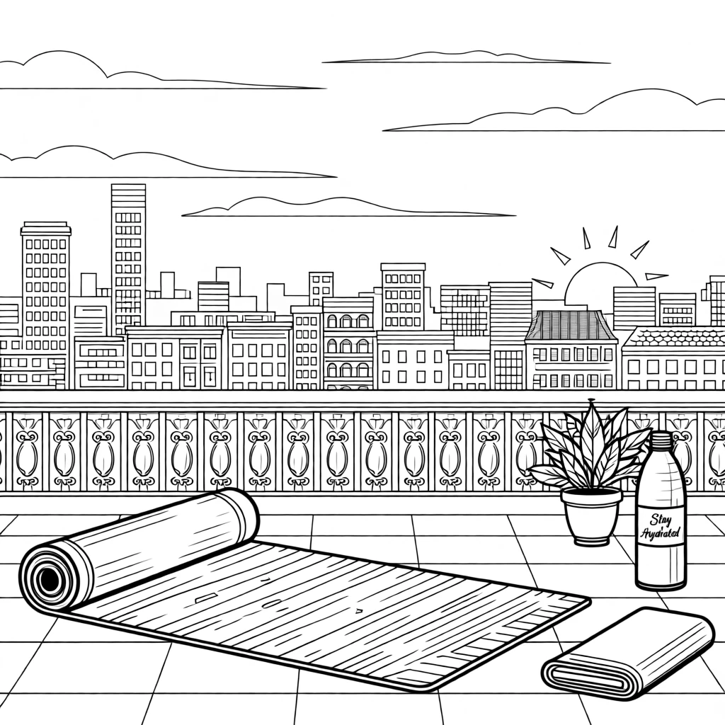 A yoga mat unrolled on a rooftop overlooking a city skyline at dawn.