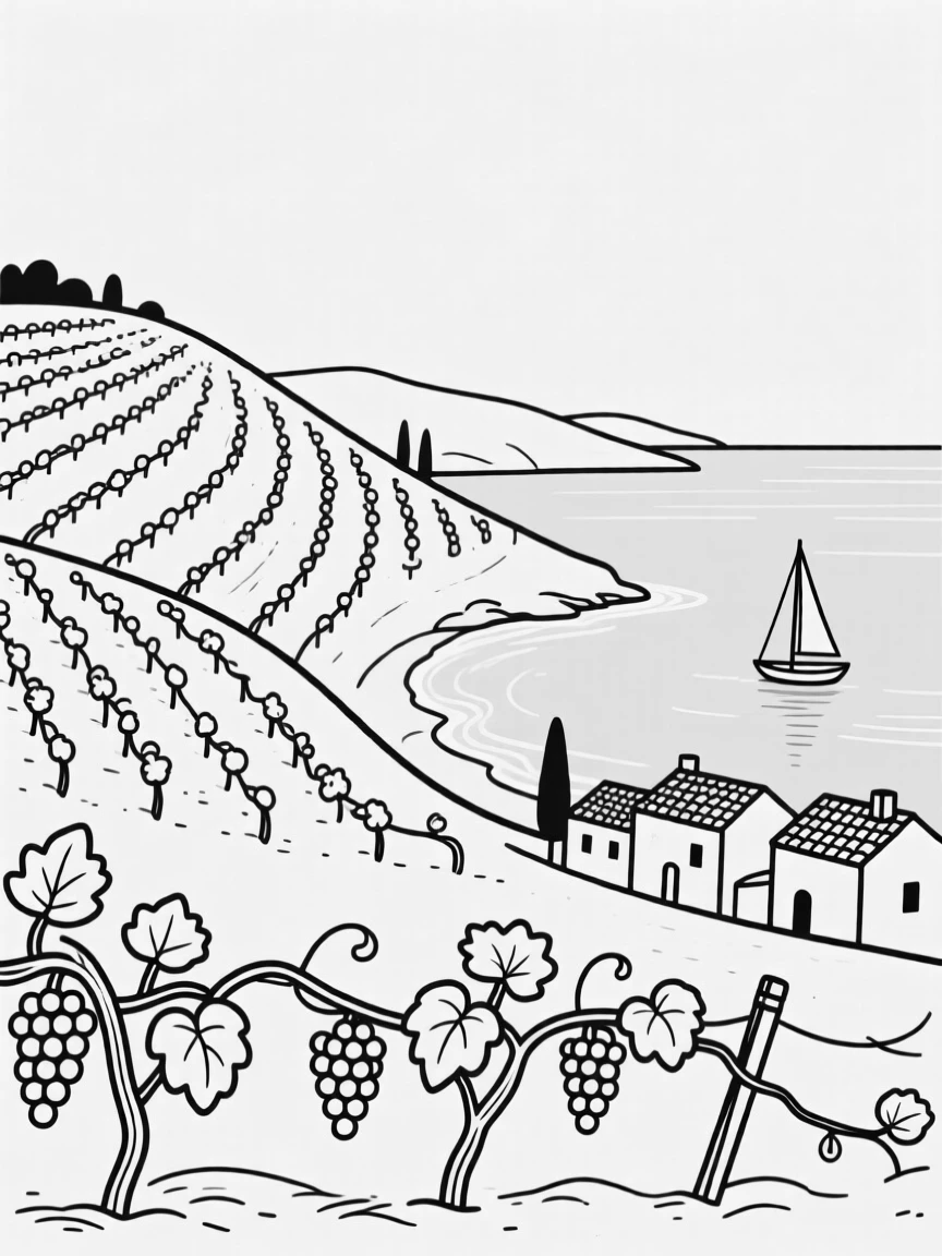 A vineyard-covered hillside overlooking a Mediterranean coast