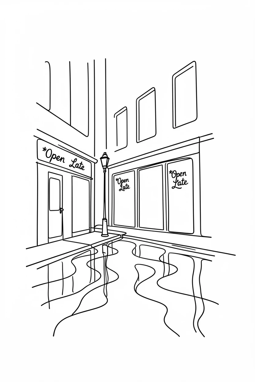 A rain-slicked city street reflecting the glow of storefront windows