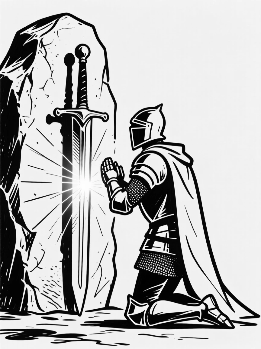 A knight kneeling before a glowing sword embedded in stone.