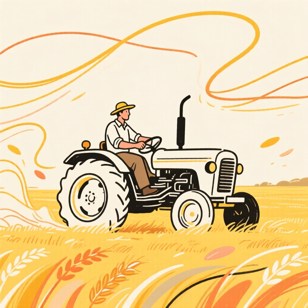 A farmer driving a tractor through a golden field at harvest time.
